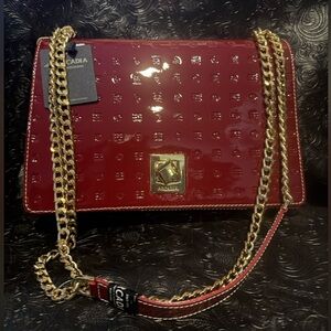 ARCADIA MADE IN ITALY PATENT LEATHER FLAP OVER CROSSBODY RED  COLOR …